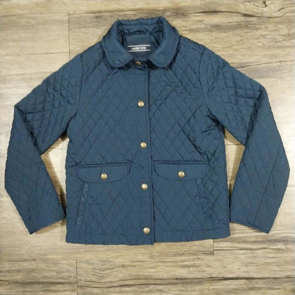 Lands End Navy Blue Quilted Jacket Coat Kids Size Small Lightweight Lined Jacket